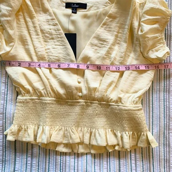 NWT Lulus Bring the Style Light Yellow Puff Sleeve Peplum Crop Top - Picture 7 of 11
